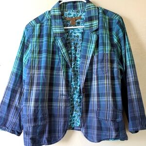 VINTAGE OLD NAVY Blue and Green Plaid Ombre Y2K Patchwork Blazer, XL